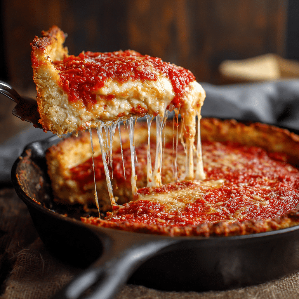 serving gluten free Chicago style pizza slice