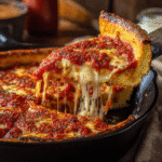 serving gluten free Chicago style pizza slice