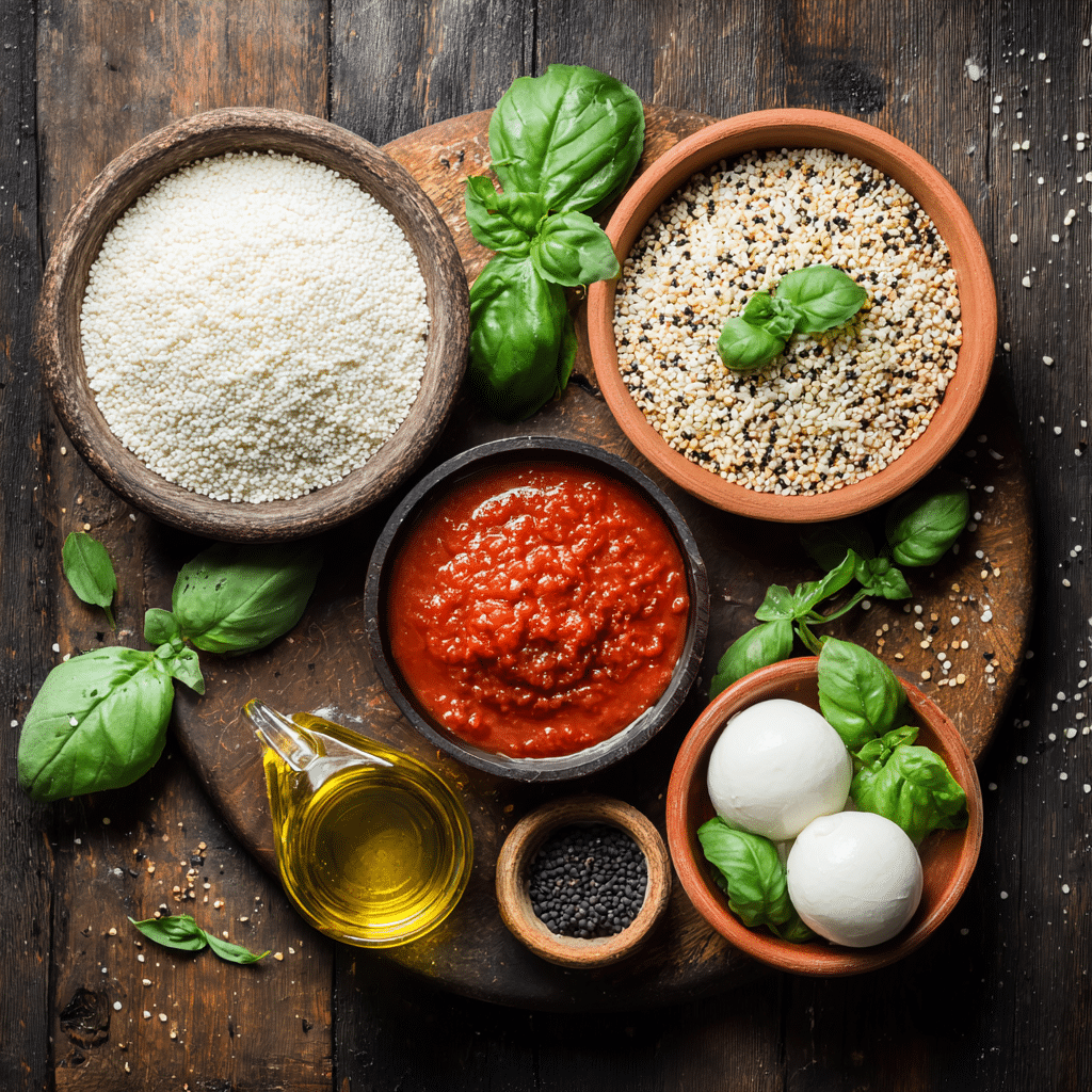 Gluten-free pizza ingredients on wood board