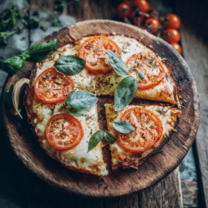 Gluten free dairy free pizza with fresh basil and tomatoes