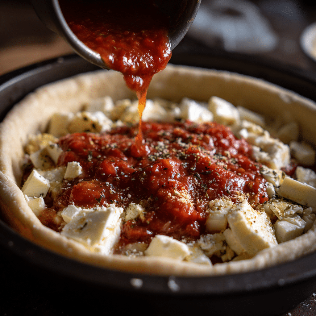 layering gluten free Chicago style pizza
