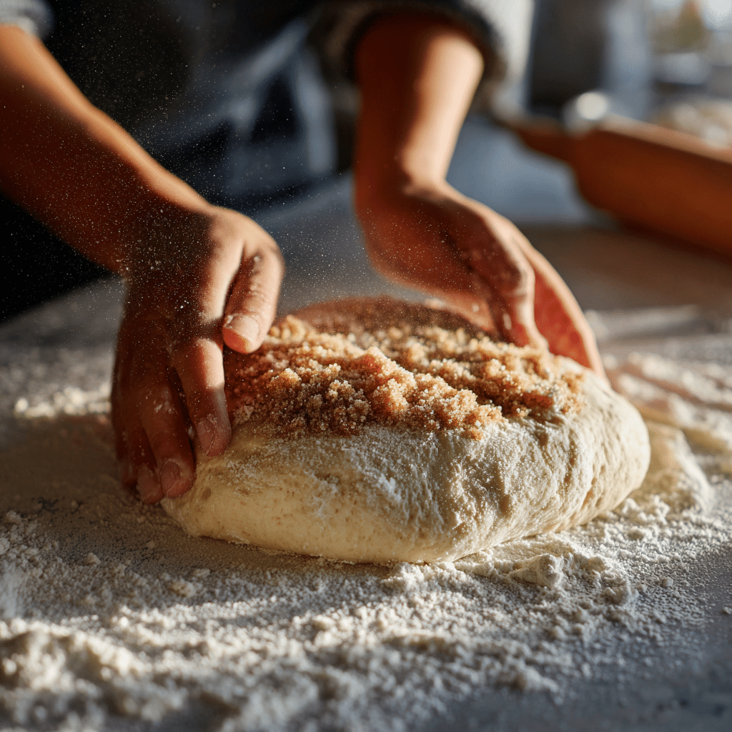 rolling gluten-free sourdough cinnamon roll dough