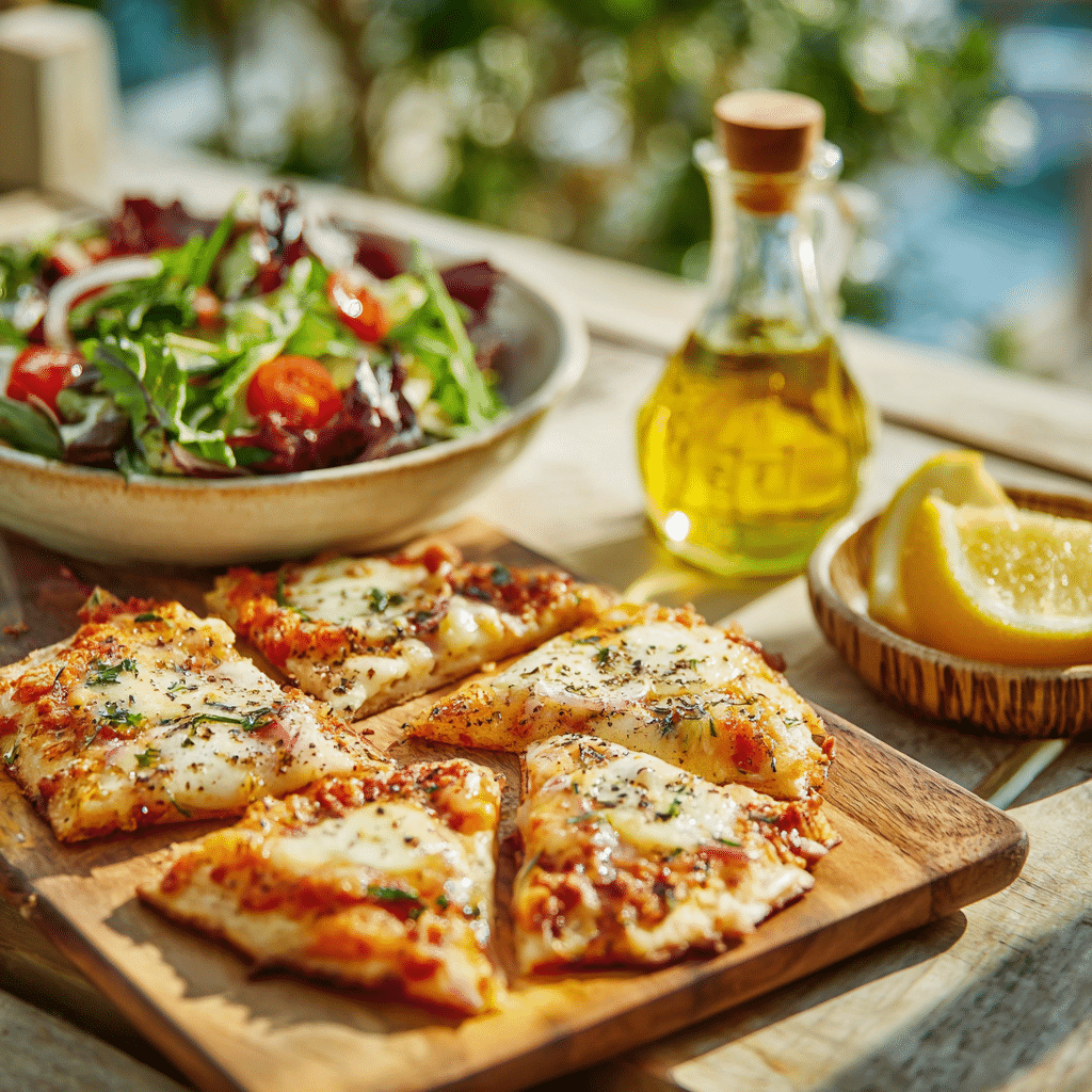 Served gluten-free pizza with salad