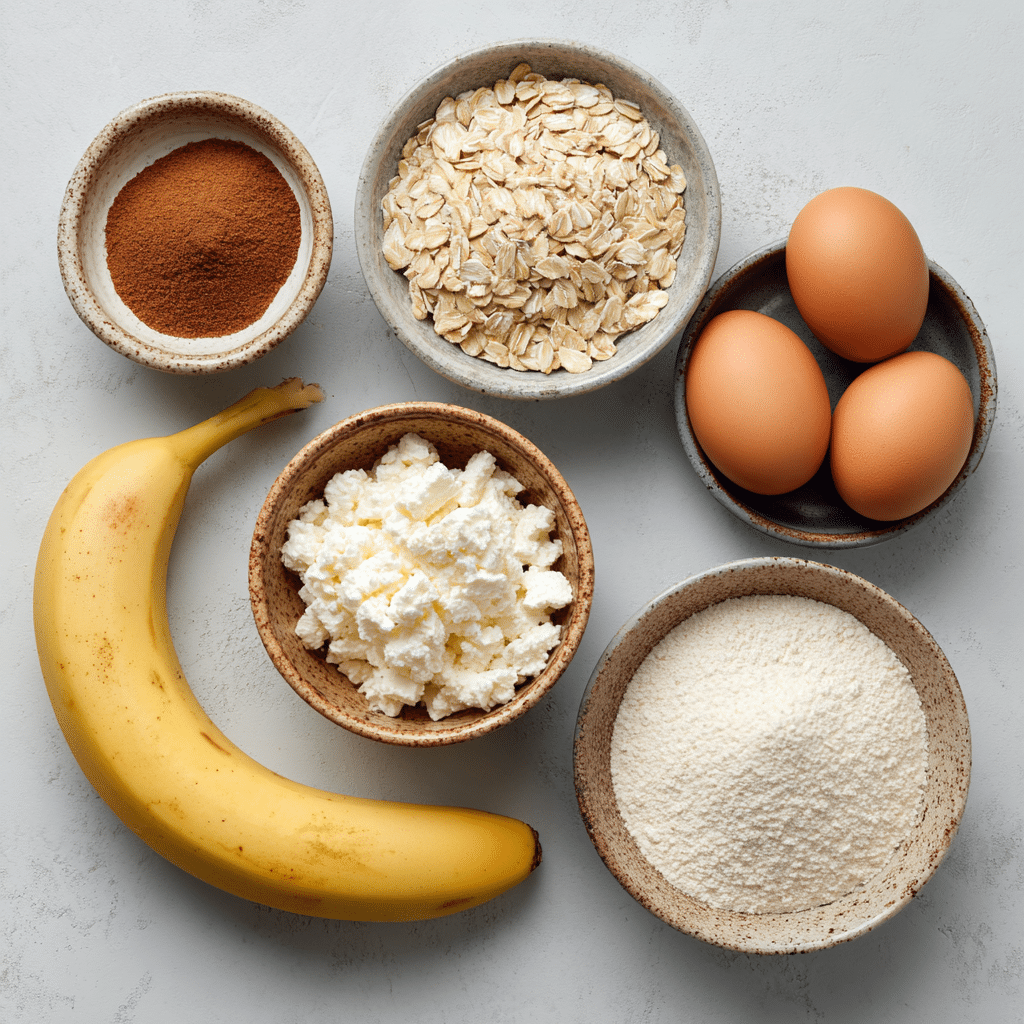 Ingredients for cottage cheese banana oat protein pancake bites in bowls