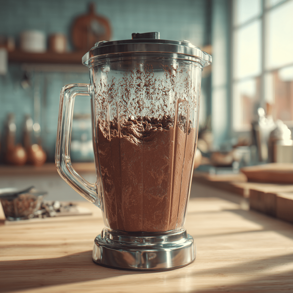 Cottage cheese chocolate mousse blending in a high-speed blender