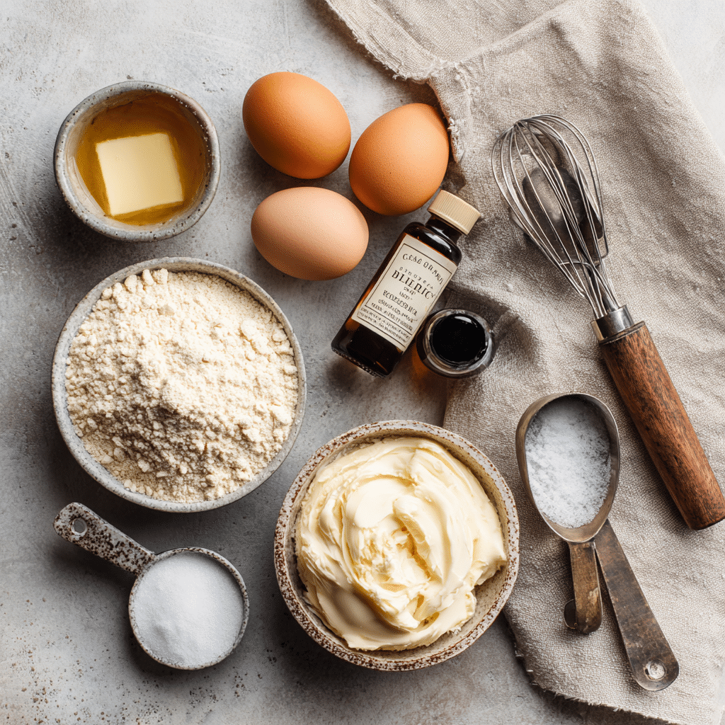Gluten free cake ingredients flat lay