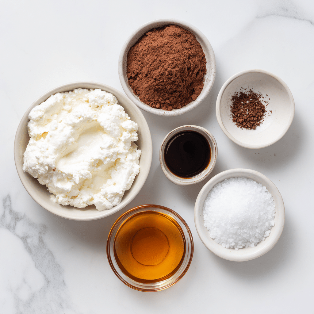 Ingredients for cottage cheese chocolate mousse (gluten free) laid out on marble