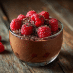 Cottage cheese chocolate mousse (gluten free) in a glass bowl with raspberries