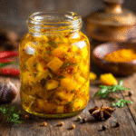 Gluten-free mango pickle in glass jar