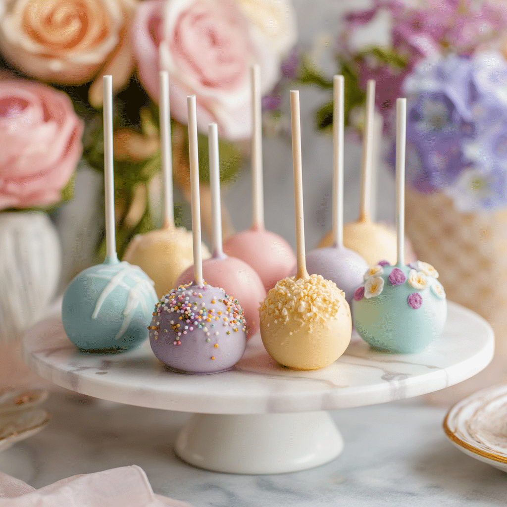 Pastel gluten free cake pops on serving tray