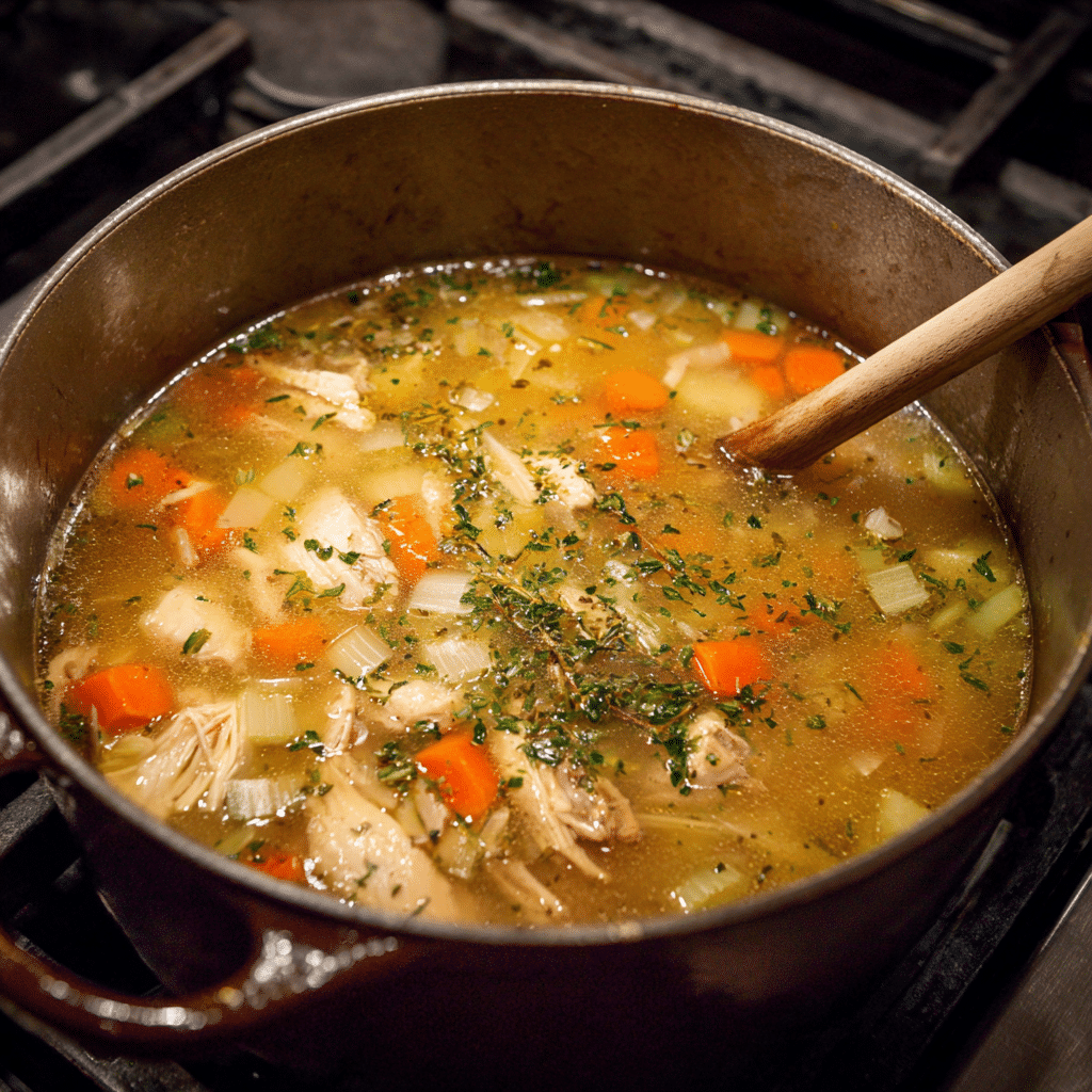 simmering gluten free chicken noodle soup