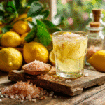 pink salt diet drink recipe glass on Tuscan table