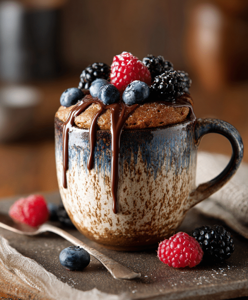 served gluten free mug cake with chocolate center