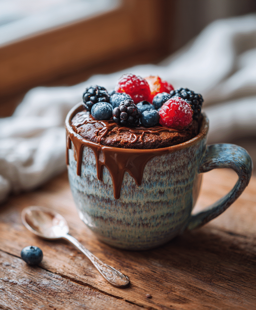 gluten free mug cake with chocolate and berries