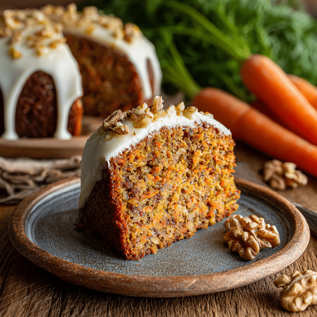 Gluten-free Carrot Cake Recipe slice with walnuts on plate