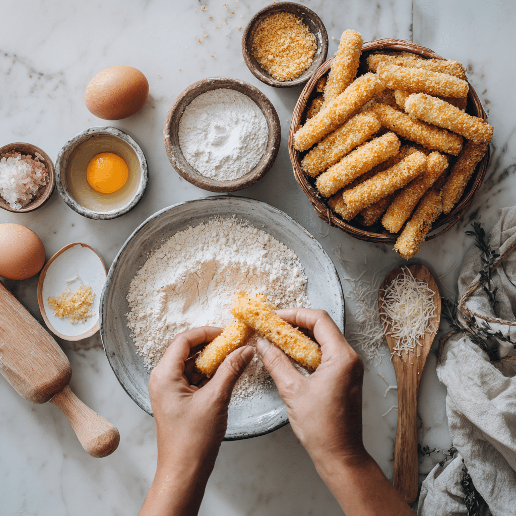 coating mozzarella sticks with gluten free crumbs