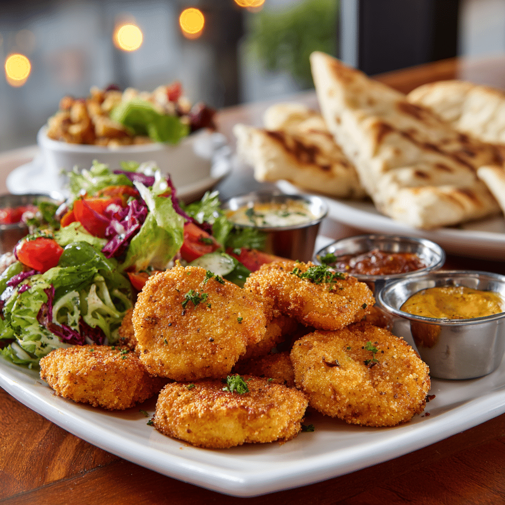 serving gluten free chicken nuggets with salad and sauce