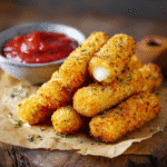 gluten free mozzarella sticks on rustic table