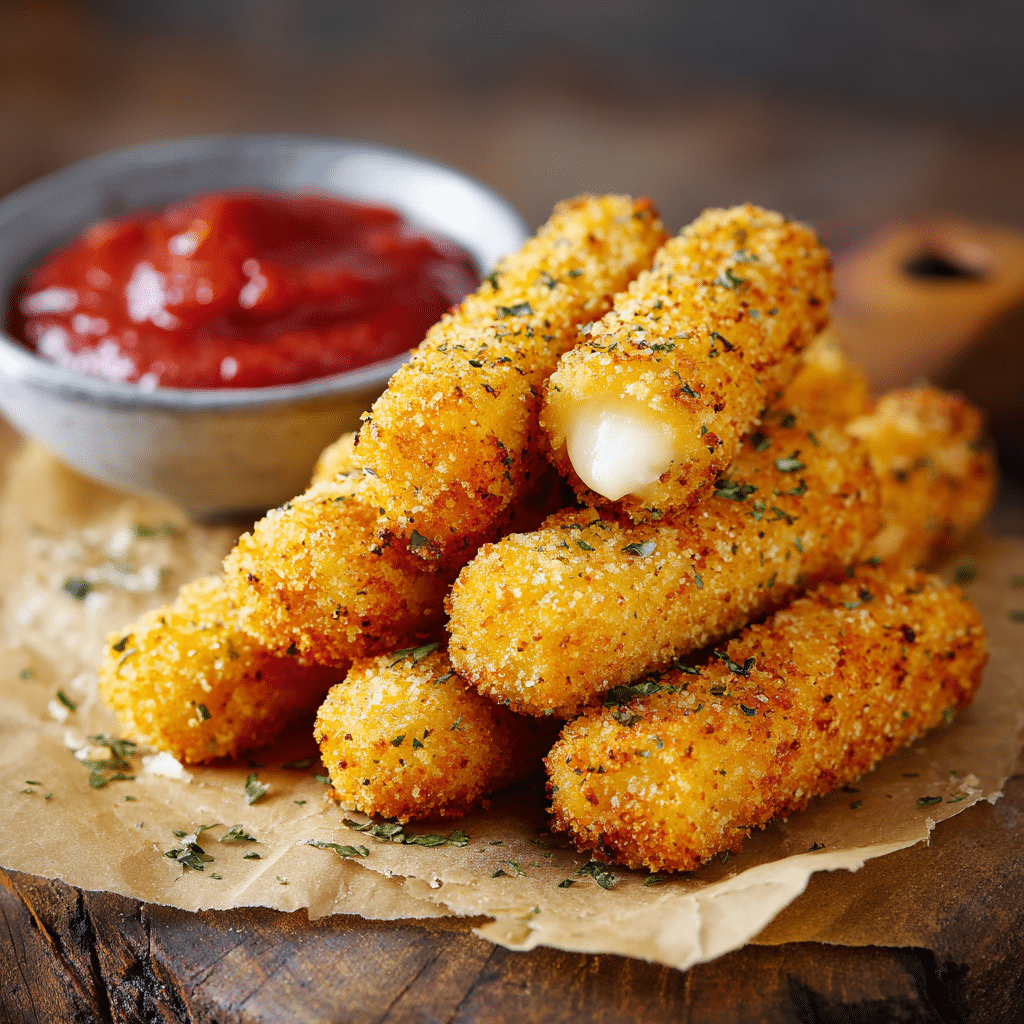 gluten free mozzarella sticks on rustic table
