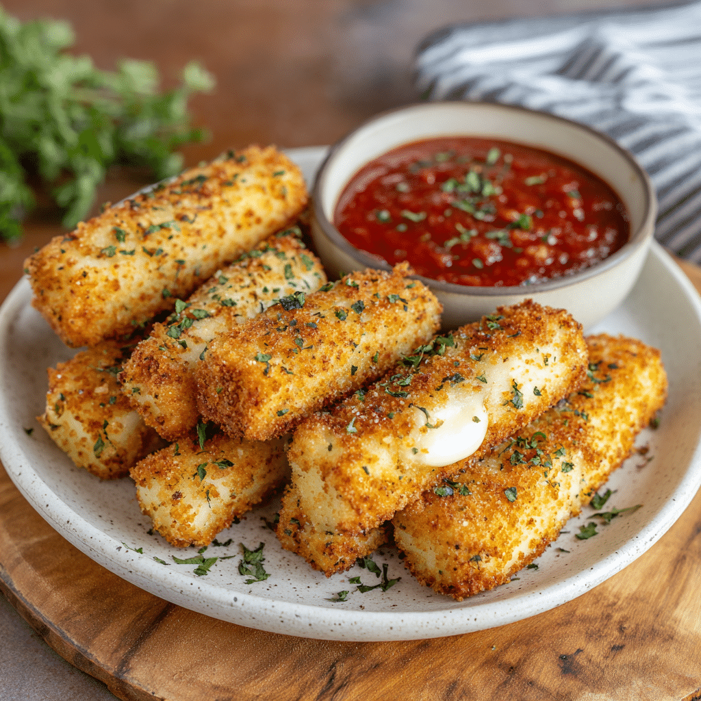 serving plate of gluten free mozzarella sticks