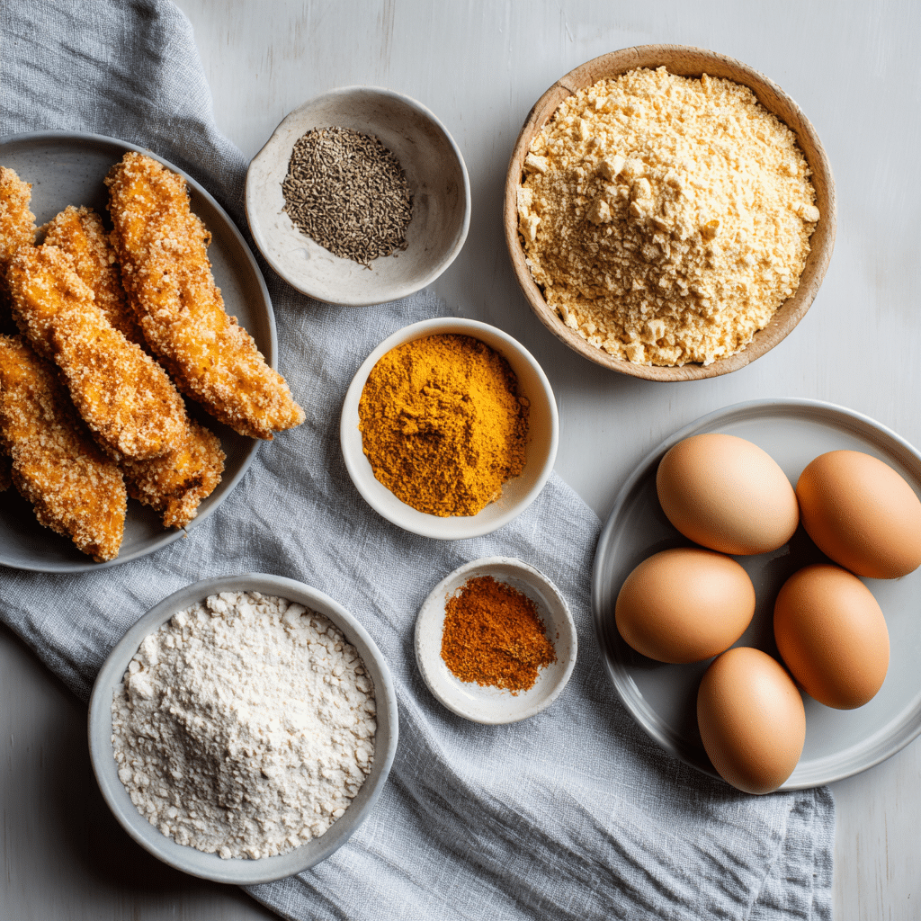 Ingredients for gluten free chicken tenders laid out
