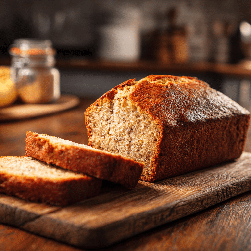 Gluten free banana bread loaf sliced on rustic board