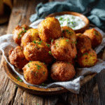 Served hush puppies with dipping sauce