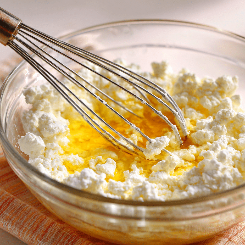 Mixing cottage cheese, eggs, and oil in a bowl