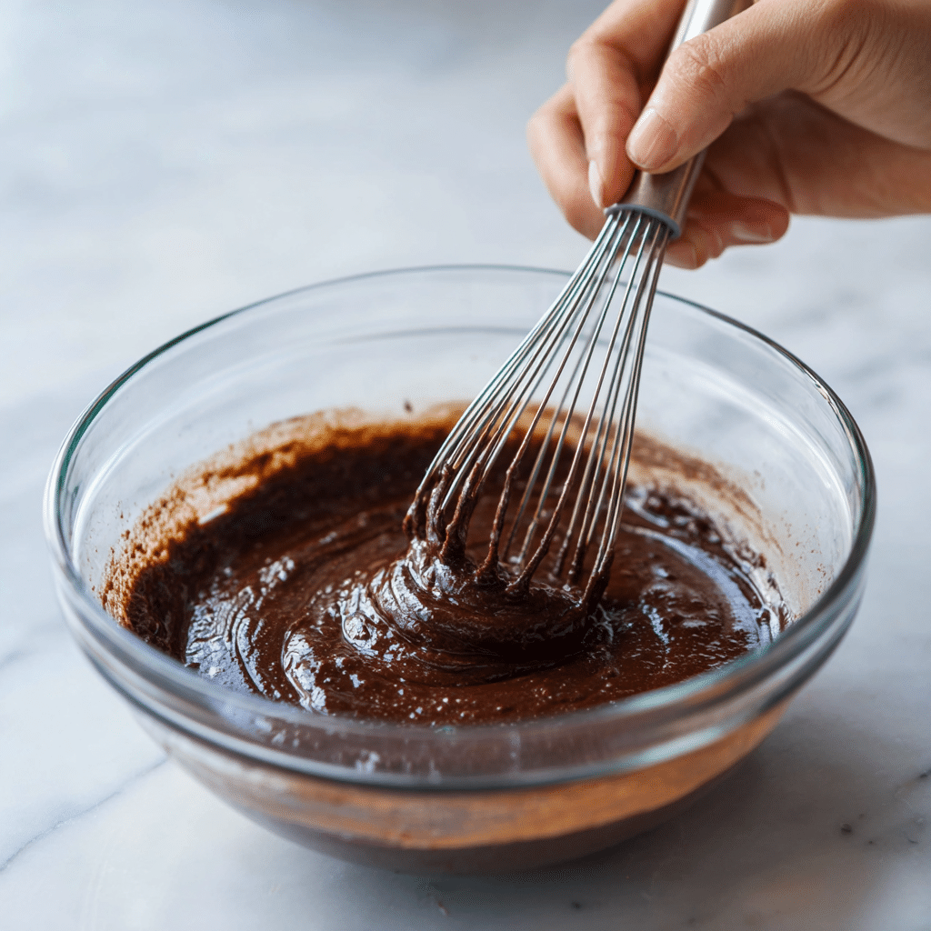 folding mochi brownie batter in a glass bowl