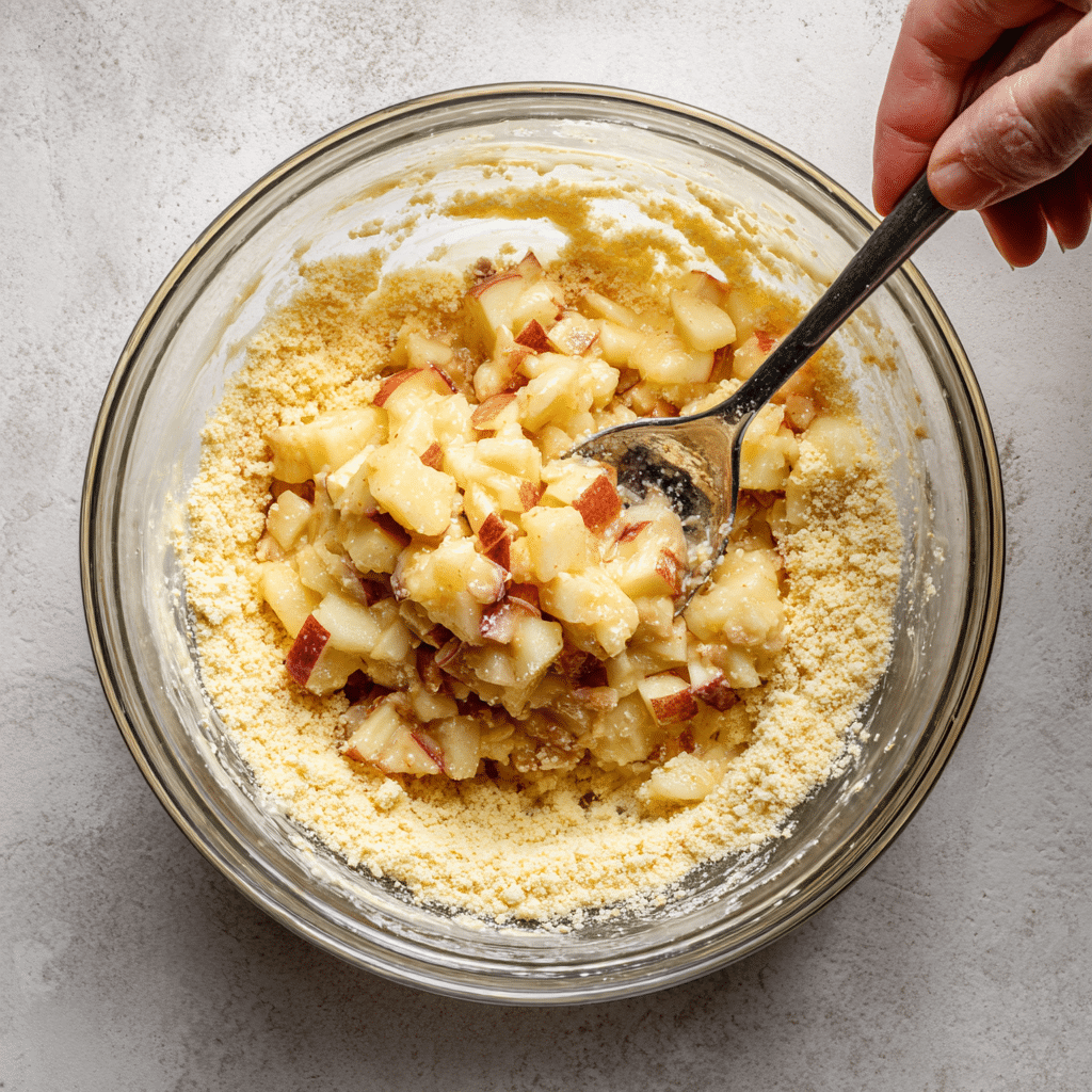 Mixing batter for mini gluten-free vegan apple muffins