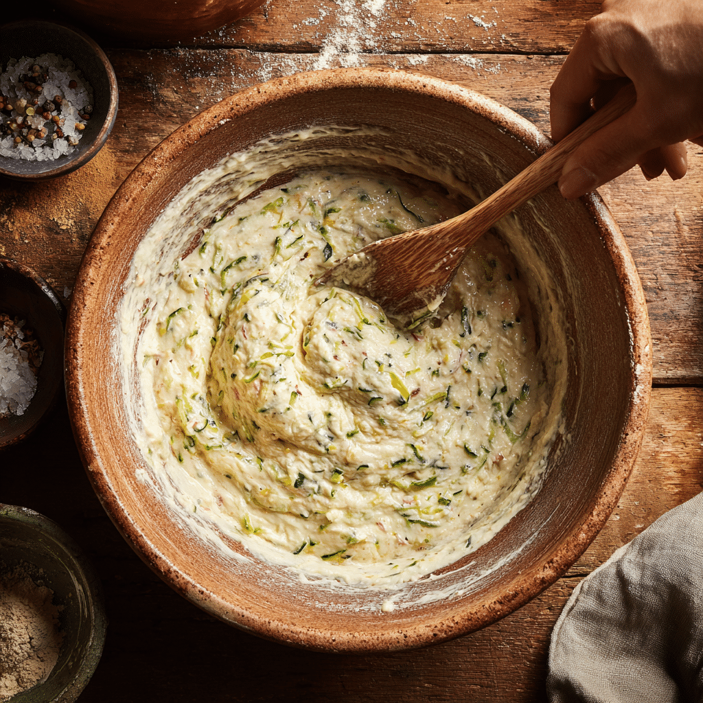 mixing gluten free zucchini bread batter