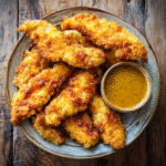 Gluten free chicken tenders on rustic plate with dipping sauce