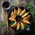 Rice paper dumplings in skillet