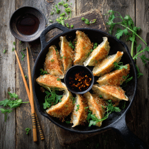 Rice paper dumplings in skillet