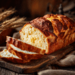 Cottage cheese bread loaf sliced on a wooden board