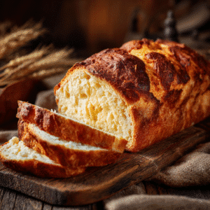 Cottage cheese bread loaf sliced on a wooden board