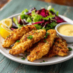 Gluten free chicken tenders with salad and lemon wedge