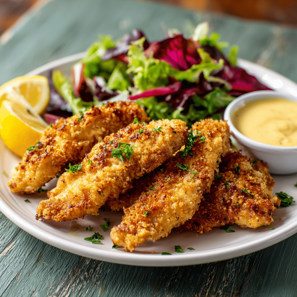 Gluten free chicken tenders with salad and lemon wedge