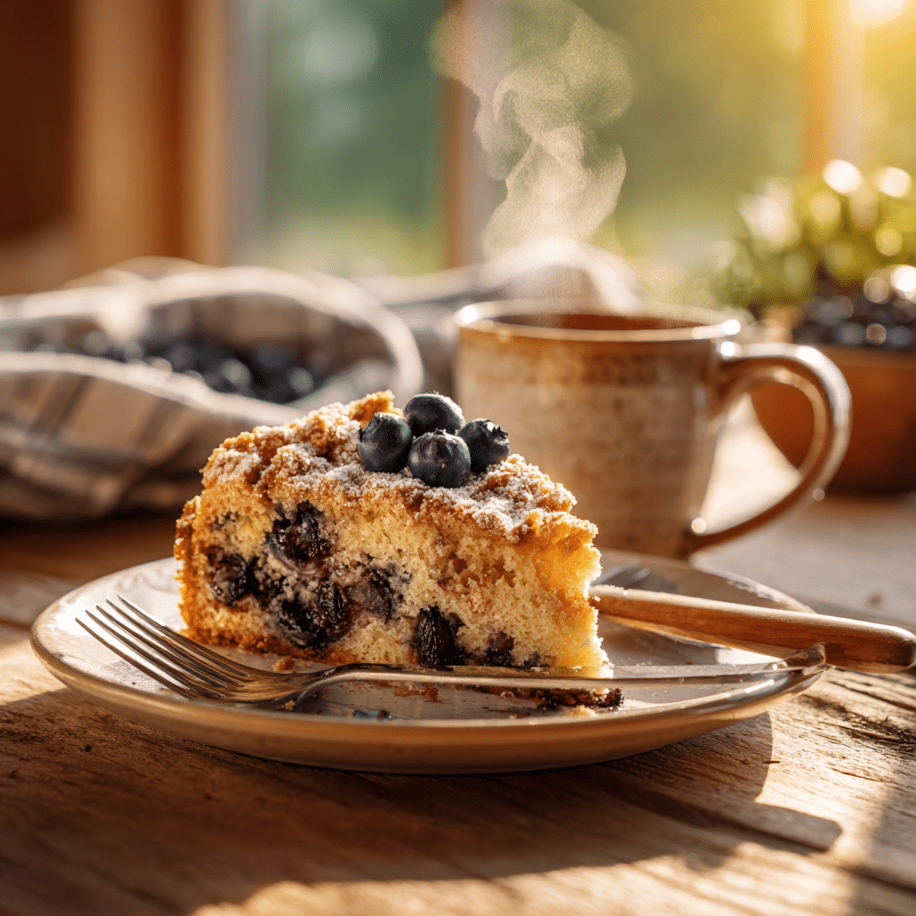 Slice of gluten-free blueberry coffee cake served