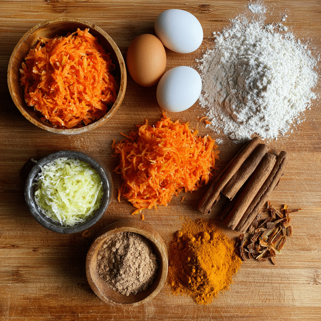 Gluten-free Carrot Cake Recipe ingredients on countertop