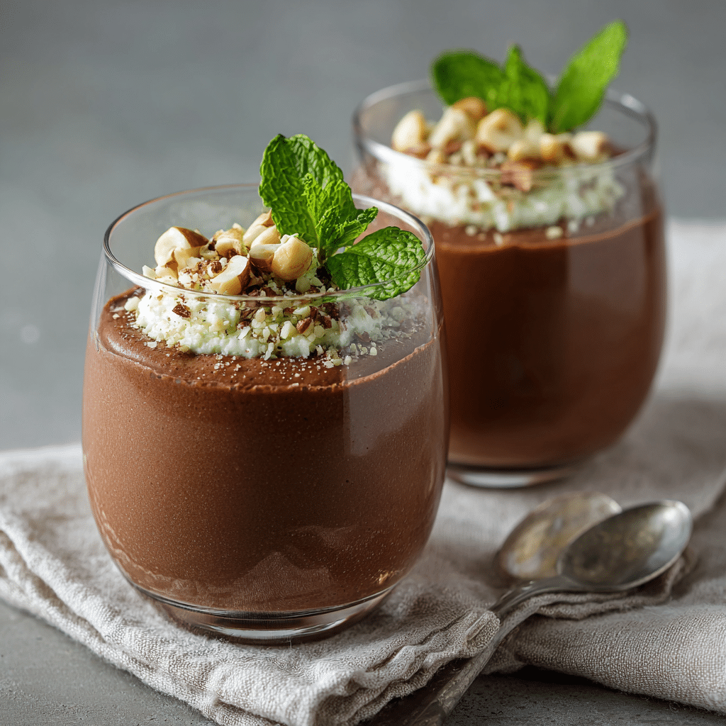 Cottage cheese chocolate mousse (gluten free) served in glasses with hazelnuts