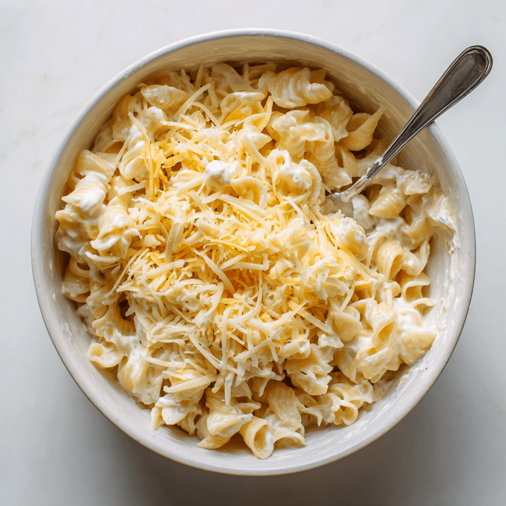 Pasta being mixed with blended cottage cheese and melted cheddar in a white bowl