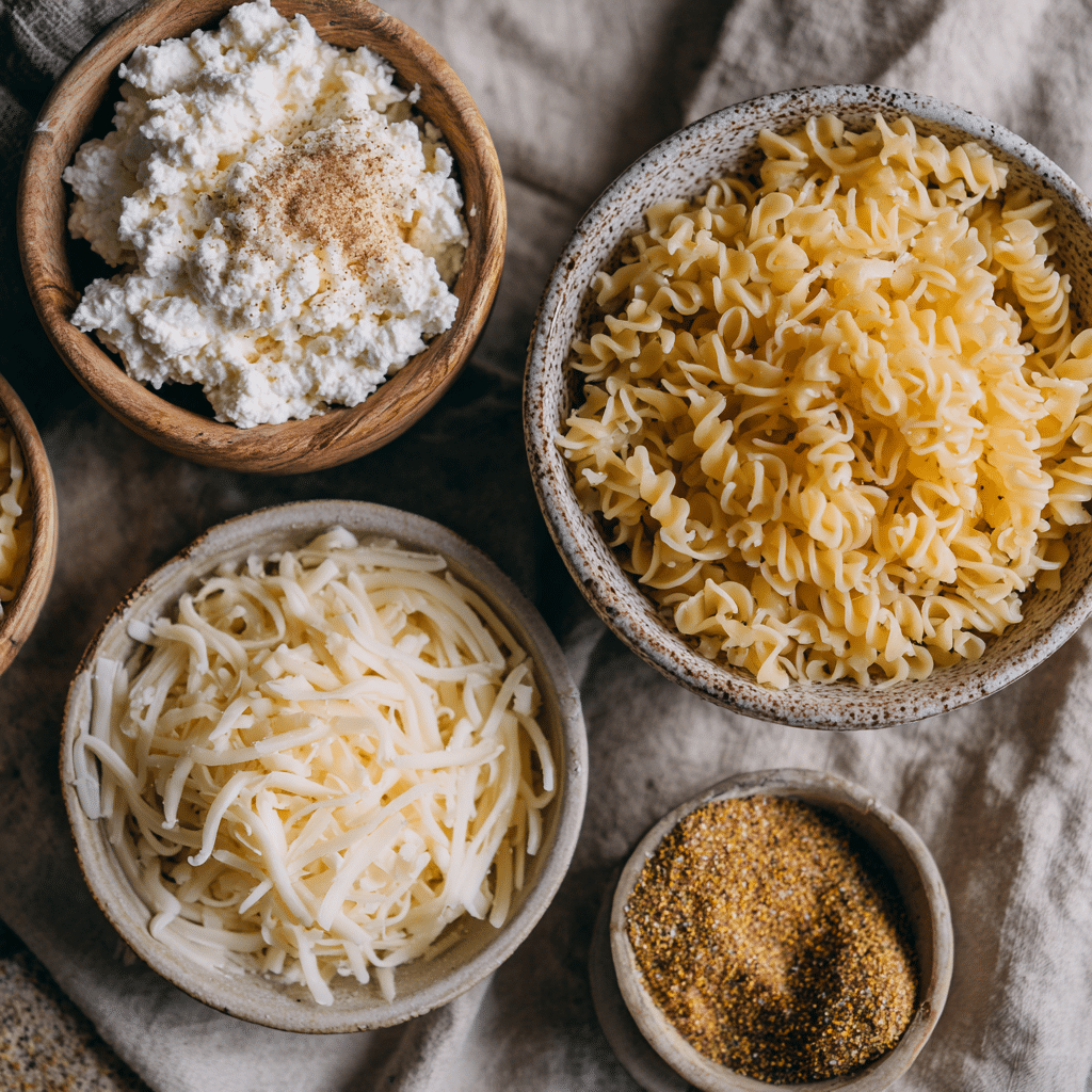 Flat lay of ingredients for cottage mac and cheese (gluten free), including pasta, cottage cheese, and shredded cheddar