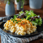 Cottage mac and cheese (gluten free) served with parsley garnish in a white bowl with side salad
