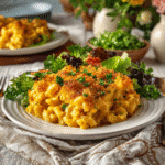 Cottage mac and cheese (gluten free) served with parsley garnish in a white bowl with side salad