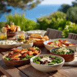 Gluten-free fast food meal with grilled chicken, salads, and sauces