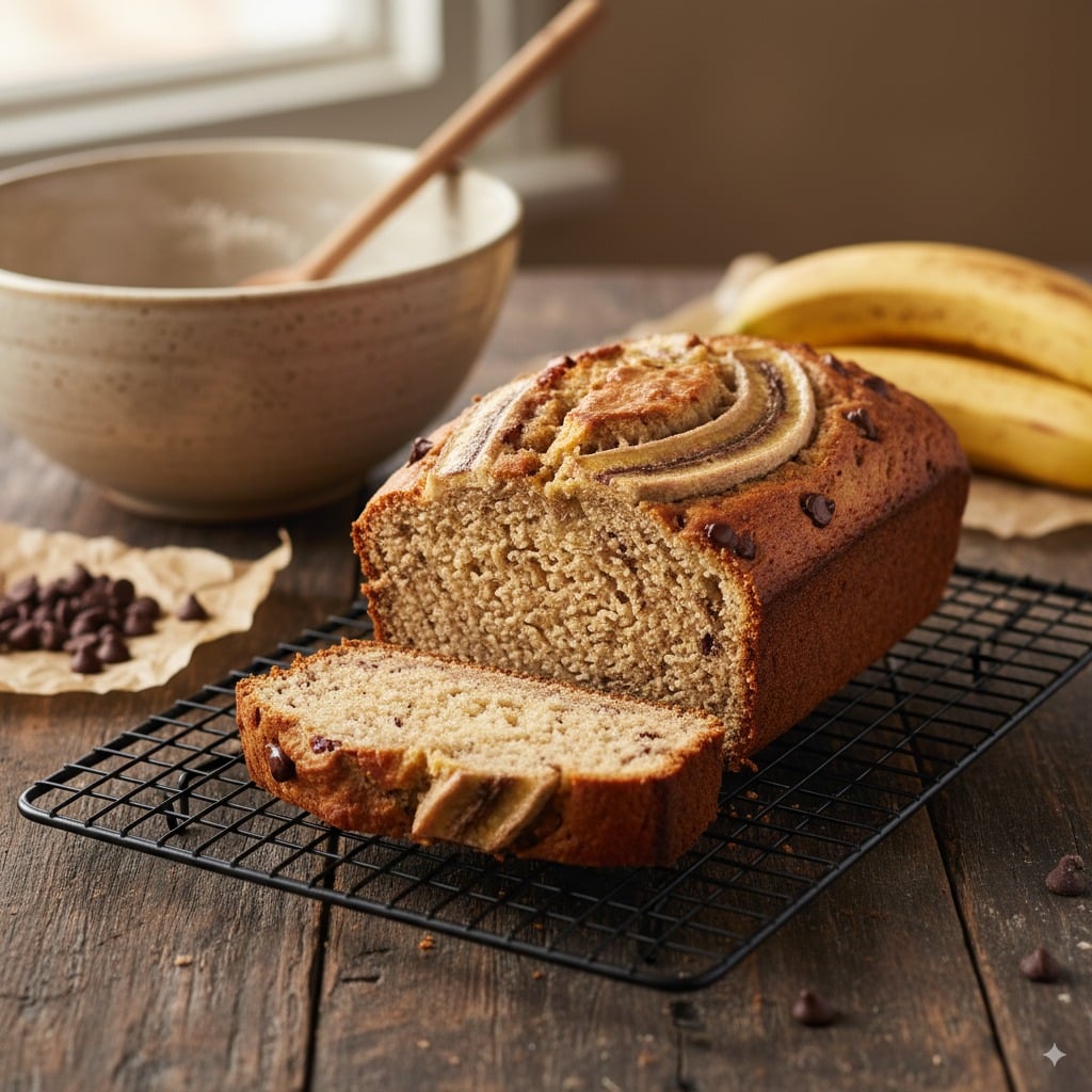 Homemade banana bread loaf with chocolate chips, sliced on a cooling rack with bananas and baking ingredients in the background.