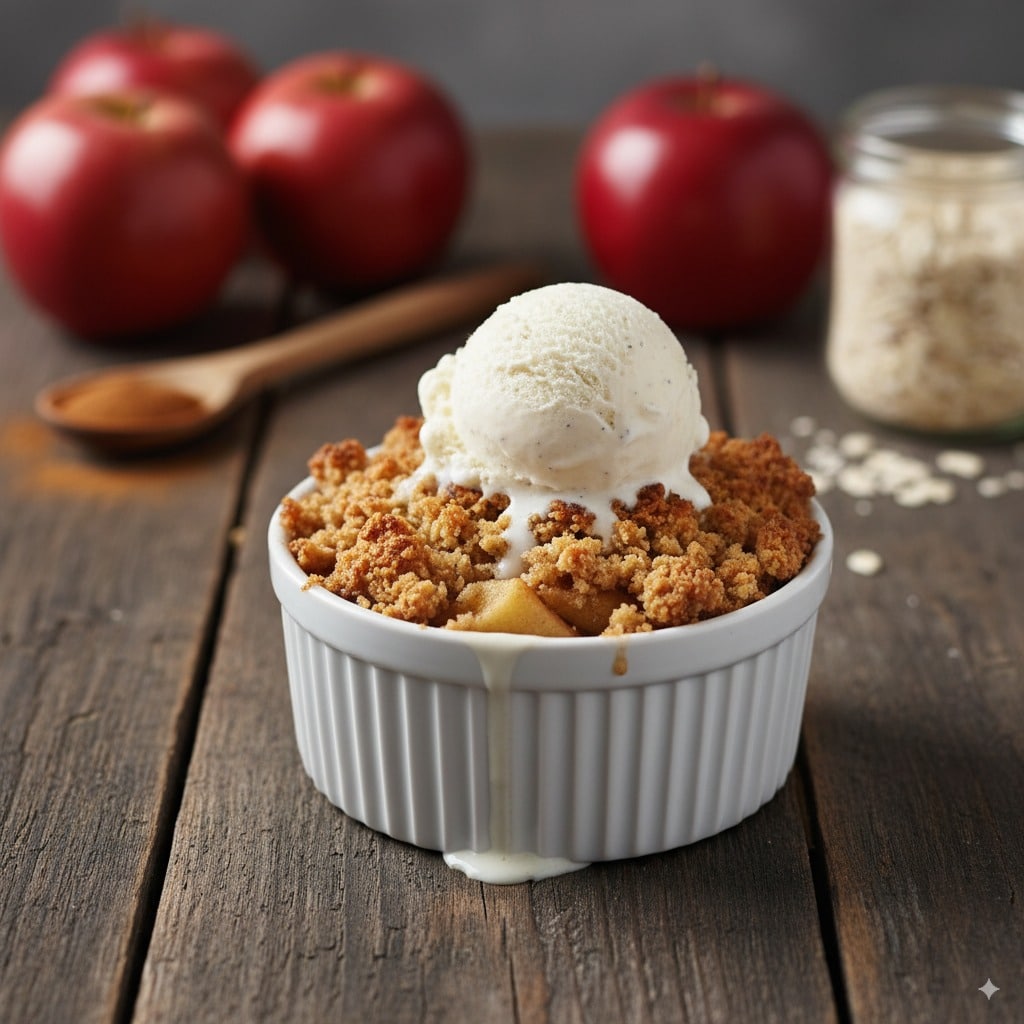 Freshly baked apple crumble served in a white ramekin, topped with a scoop of melting vanilla ice cream.