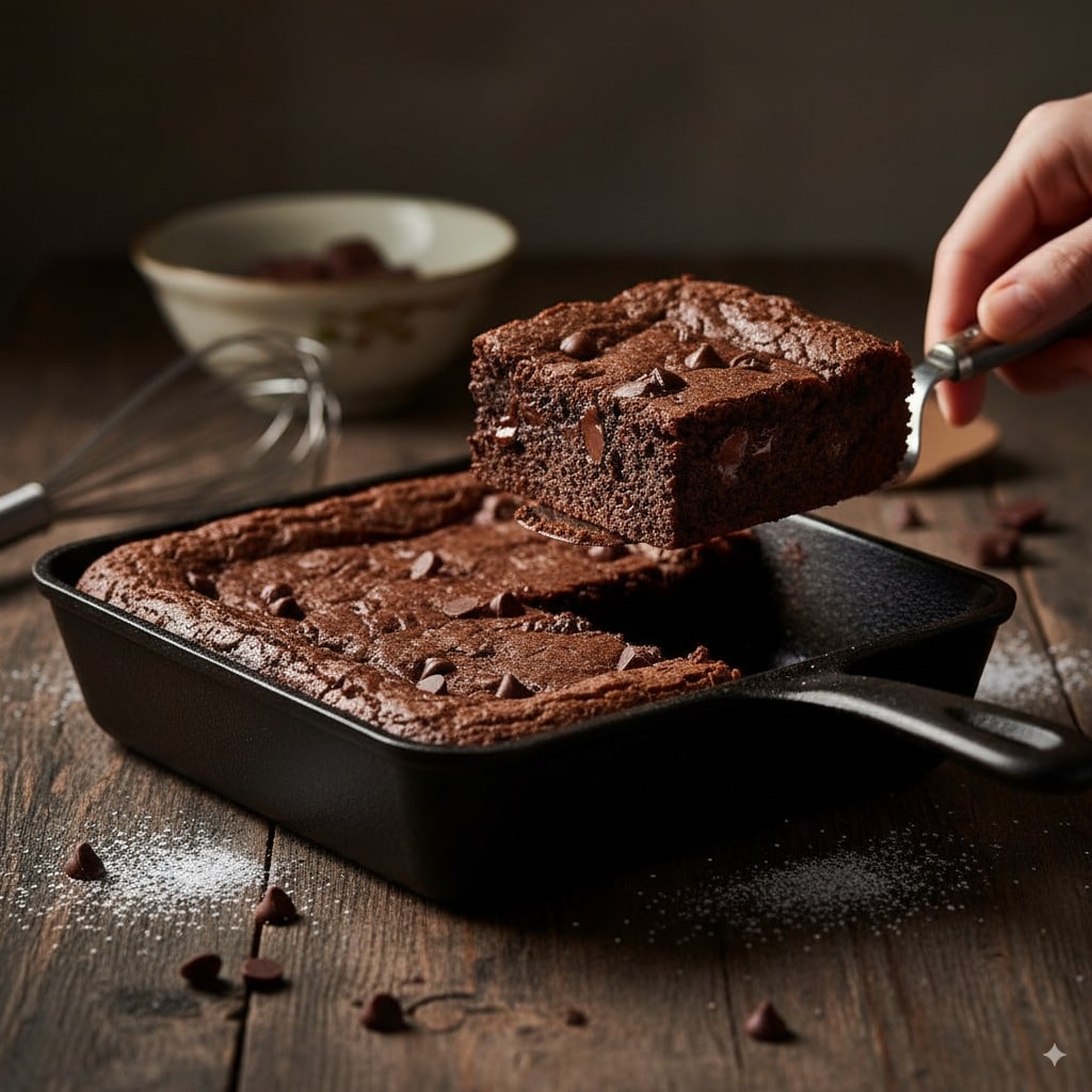Freshly baked fudgy chocolate brownies in a baking pan, with one piece lifted to show gooey chocolate chips inside.