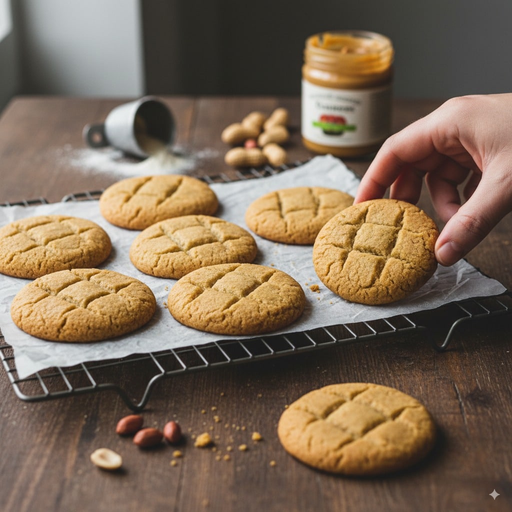 Freshly baked peanut butter cookies with crisscross fork marks, cooling on a wire rack with a jar of peanut butter and peanuts in the background.